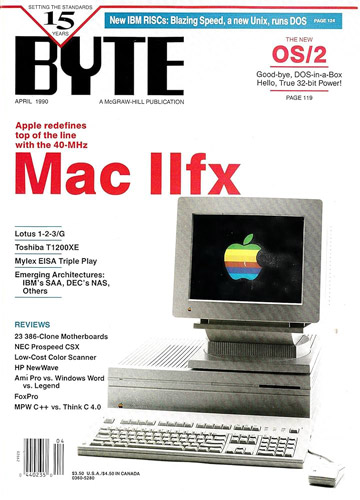 The April 1990 cover of Byte magazine, which features the apple Mac IIfx computer.