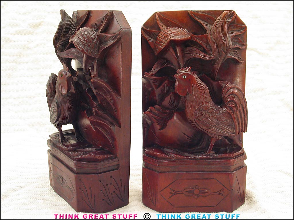 Product photo #100_7600 of SKU 21001310 (19th century Chinese Carved Rosewood Rooster Bookends)