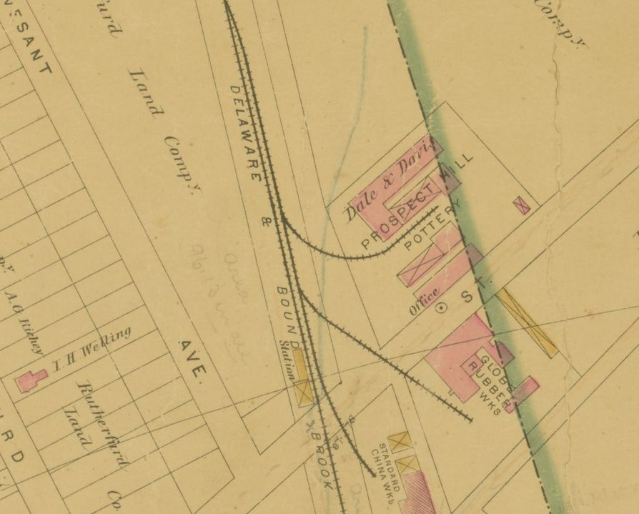 1882 Map of Trenton, showing the site of the Dale and Davis Prospect Hill pottery works