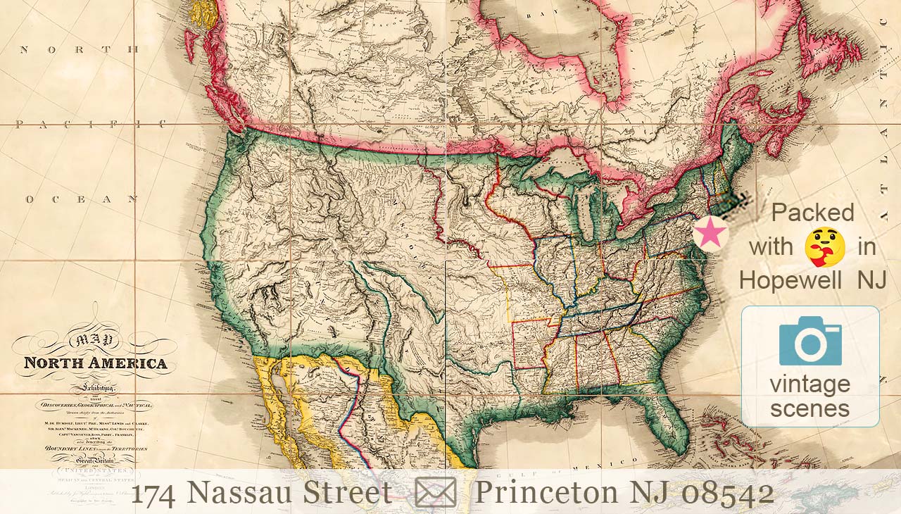 Antique map of North America, our location marked.